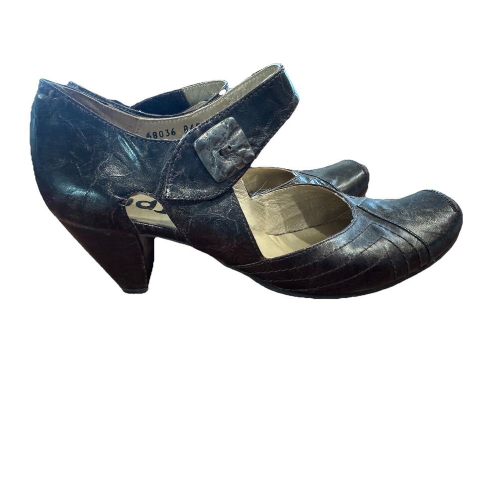 FIDJI Brown Leather Mary Jane 10.5 Wood Block Triangle Patchwork Low Heel Boho